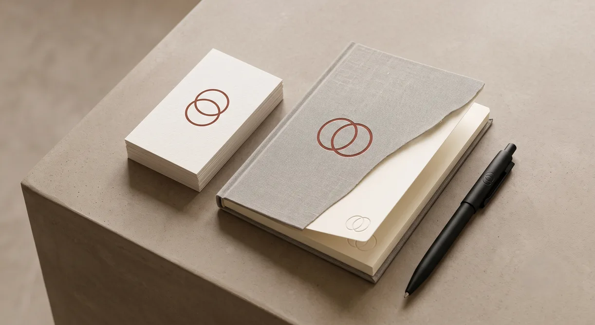 Identité visuelle avec logo, cartes de visite et carnet de marque