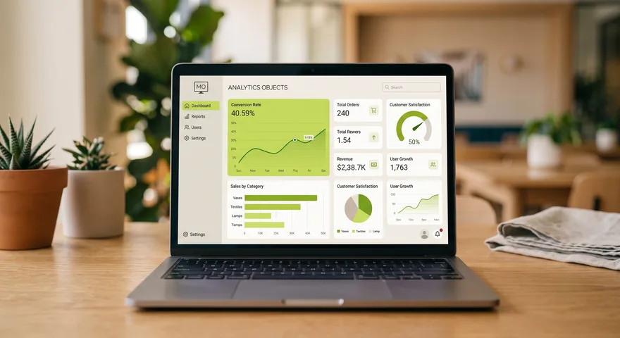 Tableau de bord analytique affichant des indicateurs de performance sur ordinateur portable